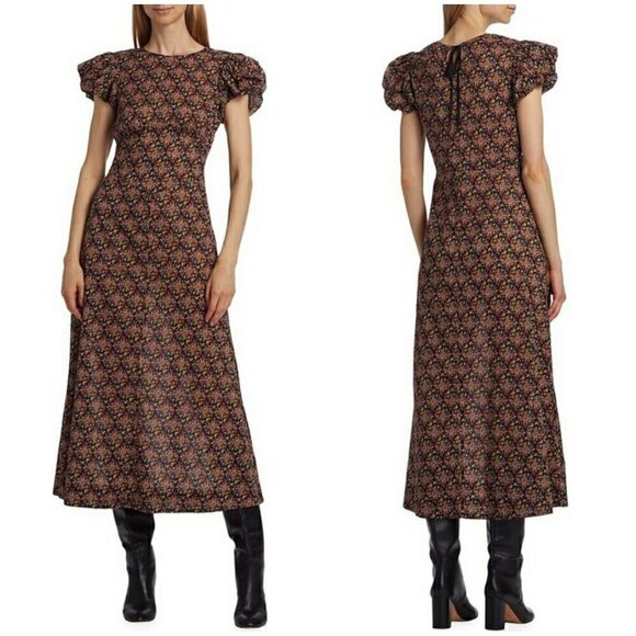 💕DÔEN💕 Rhodia Dress ~ Puff Sleeve A-Line Maxi Noir Forest Floral Print XL NWOT - Picture 5 of 16